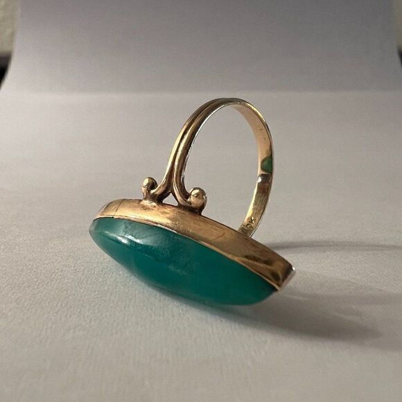 REAL 10k Yellow Gold ANTIQUE Green Agate Ring Sz 6 Victorian Navette Chrysoprase - Picture 14 of 16